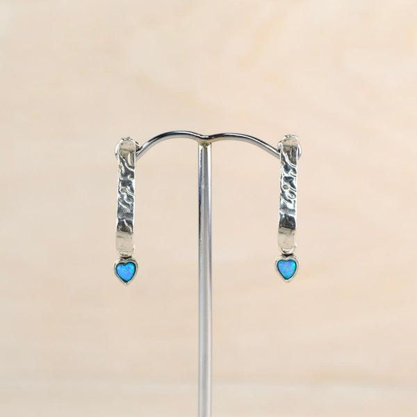 Sterling Silver Scrolled Stem and Dangly Opal Heart Earrings.