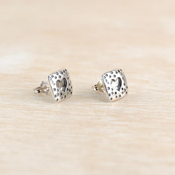 Sterling Silver Square Stud Earrings with Heart.