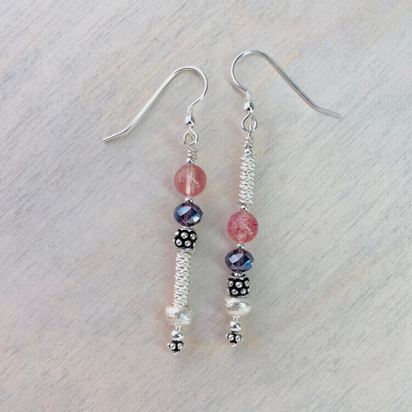 Asymmetrical Strawberry Quartz and Silver Bead Drop Earrings.
