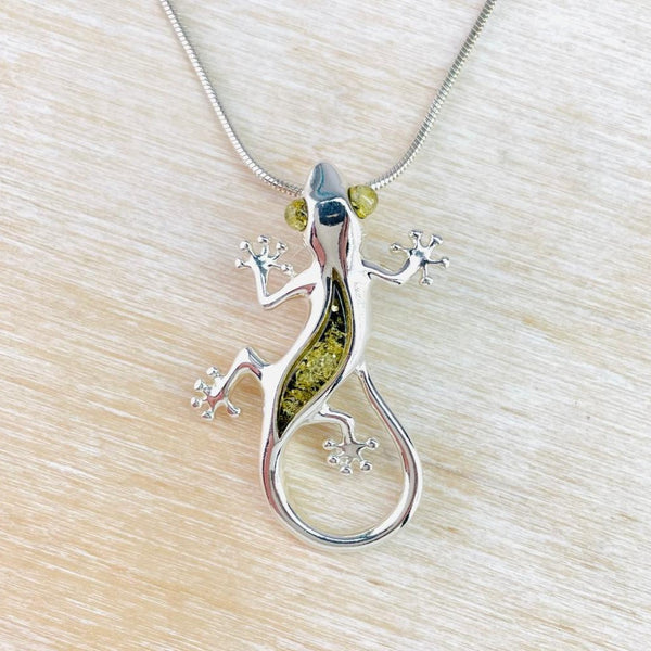 Green Amber and Sterling Silver Lizard Pendant.