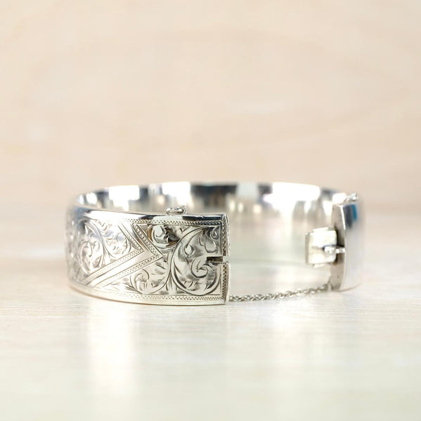 Vintage Engraved Silver Bangle Bracelet, Hallmarked in Birmingham in 1958