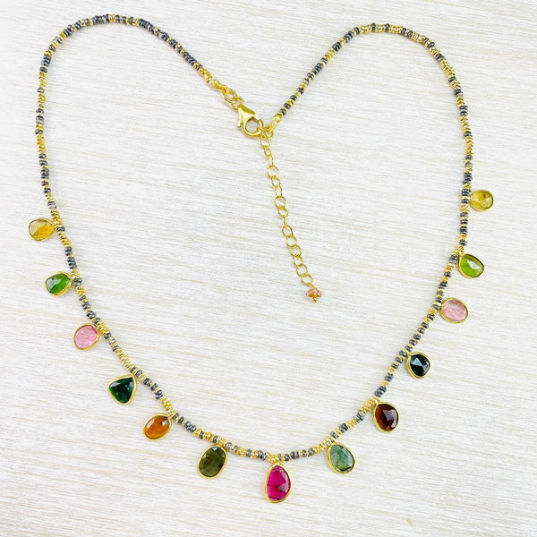 Sterling Silver and Gold Plated Necklace with Tourmaline Droplets.