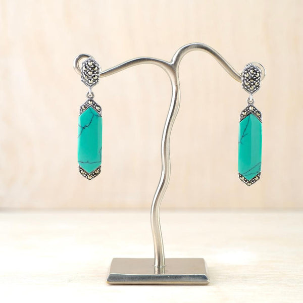 Deco Style Silver, Marcasite and Turquoise Drop Earrings.