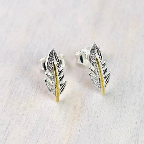 Sterling Silver 'Leaf' Stud Earrings With Gold Plated Detail