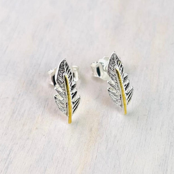 Sterling Silver 'Leaf' Stud Earrings With Gold Plated Detail