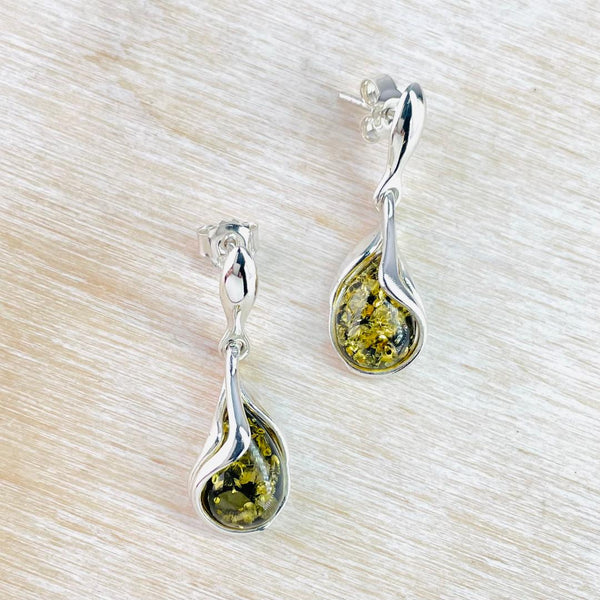 Green Amber Drop Earrings With Sterling Silver Overlay.