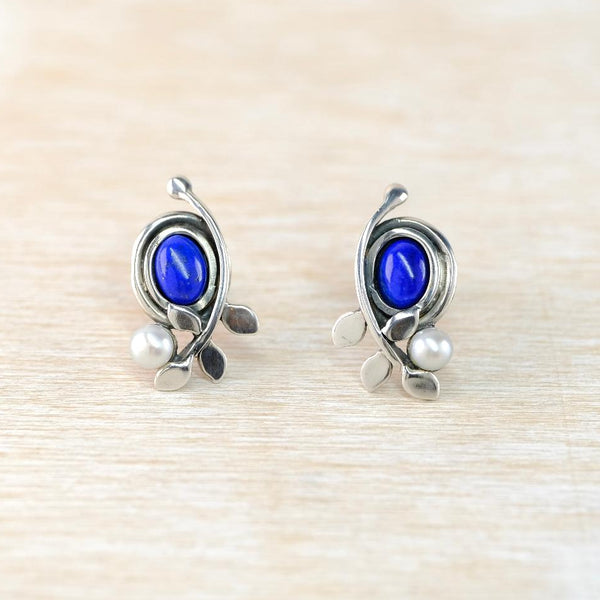 Sterling Silver Stud Earrings with Lapis and Pearl by JB Designs.
