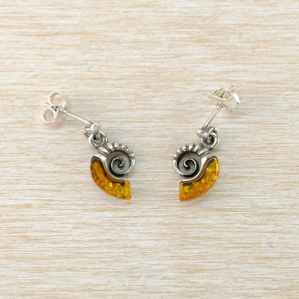 Amber and Sterling Silver Ammonite Earrings.