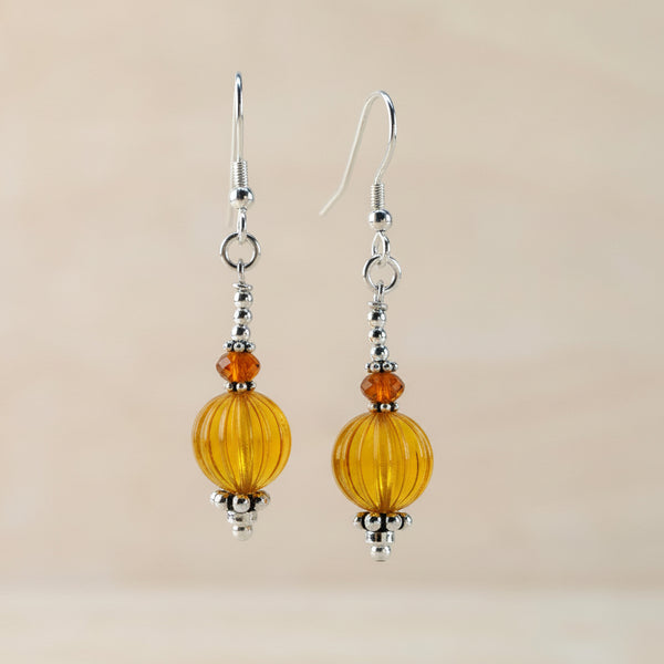 Vintage Glass Bead, Hessonite Garnet and Silver Drop Earrings.