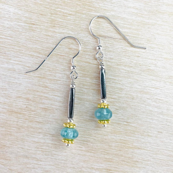 Apatite and Silver Earrings With Gold-Plated Beads by Emily Merrix.