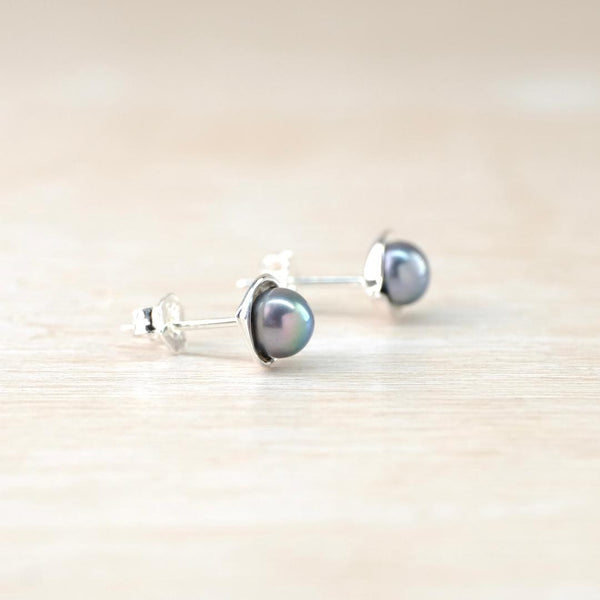 Silver and Peacock Pearl Stud Earrings.