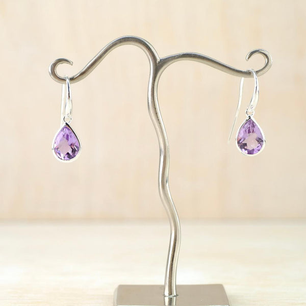 Tear Drop Shaped Faceted Amethyst Earrings Set in Silver By JB Designs.