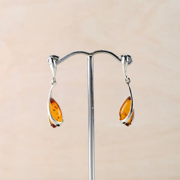 Sterling Silver and Amber Drop Earrings with Silver Overlay.