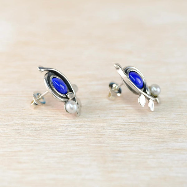 Sterling Silver Stud Earrings with Lapis and Pearl by JB Designs.