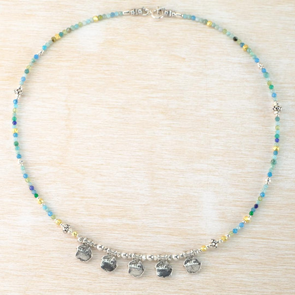 Gemstone and Silver Necklace With Silver Organic Droplets.