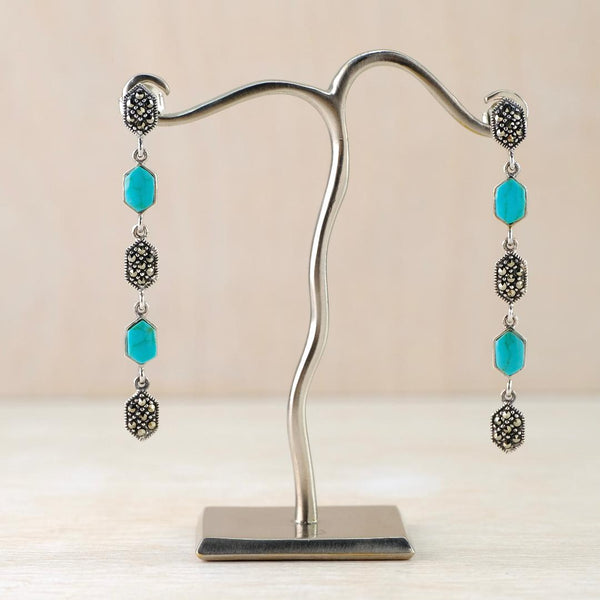 Long Drop Earrings in Silver With Turquoise and Marcasite.