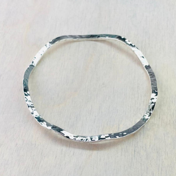 Hammered And Wavy Sterling Silver Bangle (Large)