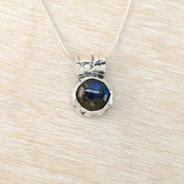 Round Textured Sterling Silver and Labradorite Pendant.