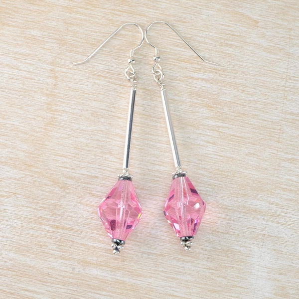 Long Vintage Pink Glass Bead and Silver Drop Earrings.