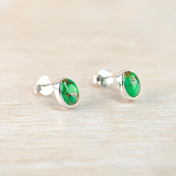Oval Green Mojave Turquoise and Silver Stud Earrings.