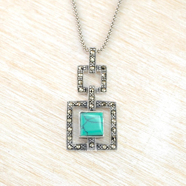 Sterling Silver, Turquoise and Marcasite Art Deco Style Pendant.