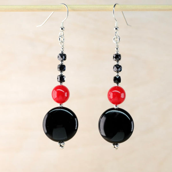 Vintage Beads with Silver, Black Onyx and Faceted Spinel Drop Earrings.