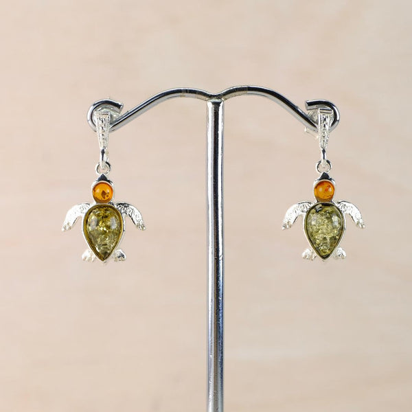 Sterling Silver and Amber Turtle Drop Earrings.