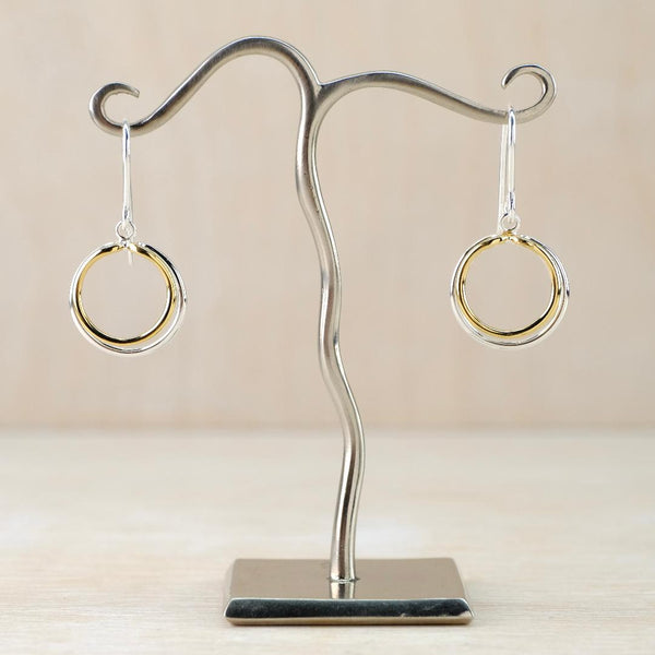 Silver Circles Drop Earrings with Gold-Plated Details.