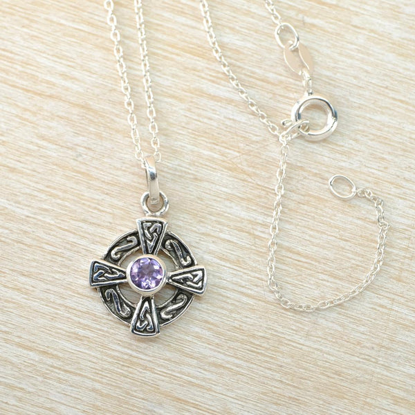 Silver Celtic Cross Pendant with Amethyst.