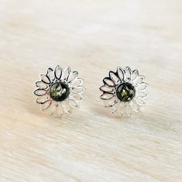 Green Amber and Silver Flower Stud Earrings.