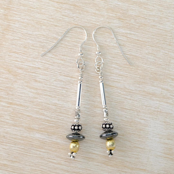 Long Silver, Gold-Plated Silver and Hematite Bead Earrings by Emily Merrix.