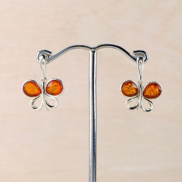 Amber and Sterling Silver Butterfly Design Earrings.