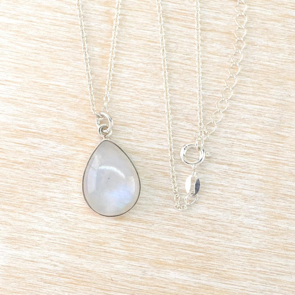 Silver and Teardrop Rainbow Moonstone Pendant Necklace.