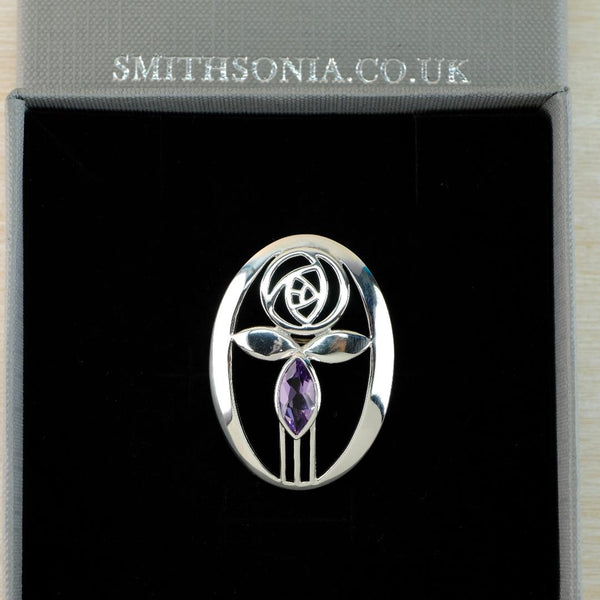 Vintage Sterling Silver Mackintosh Rose Style Brooch Set with Amethyst.