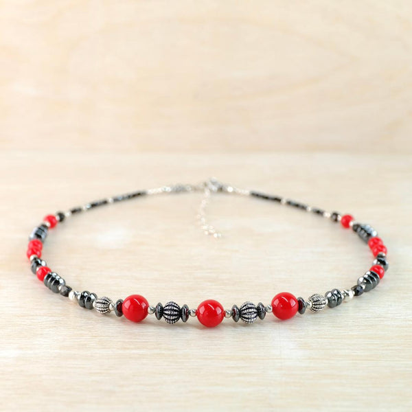 Retro in Red, Sterling Silver and Haematite Beaded Necklace By Emily Merrix.
