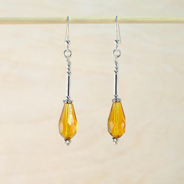 Long Sterling Silver and Vintage Glass Drop Earrings.