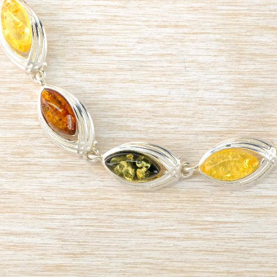 Sterling Silver and Three Colour Amber Bracelet.
