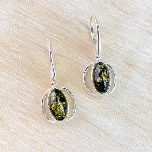 Oval Green Amber and Sterling Silver Earrings.