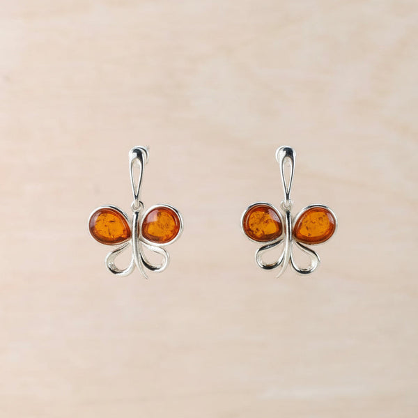 Amber and Sterling Silver Butterfly Design Earrings.
