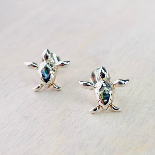 Sterling Silver Turtle Stud Earrings Set With Abalone