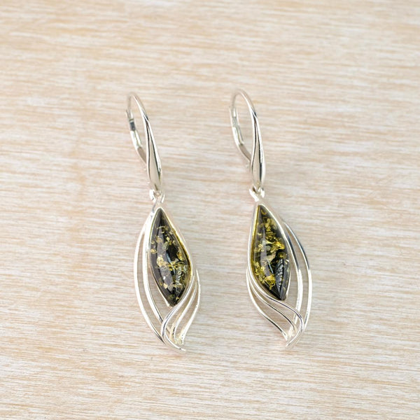Green Amber Earrings with Sterling Silver Strands Setting.