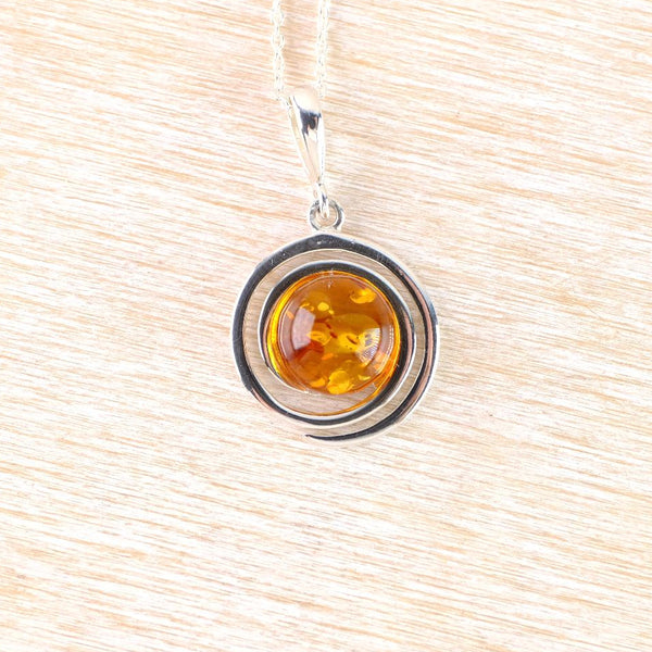 Round Amber and Sterling Silver Pendant Necklace.