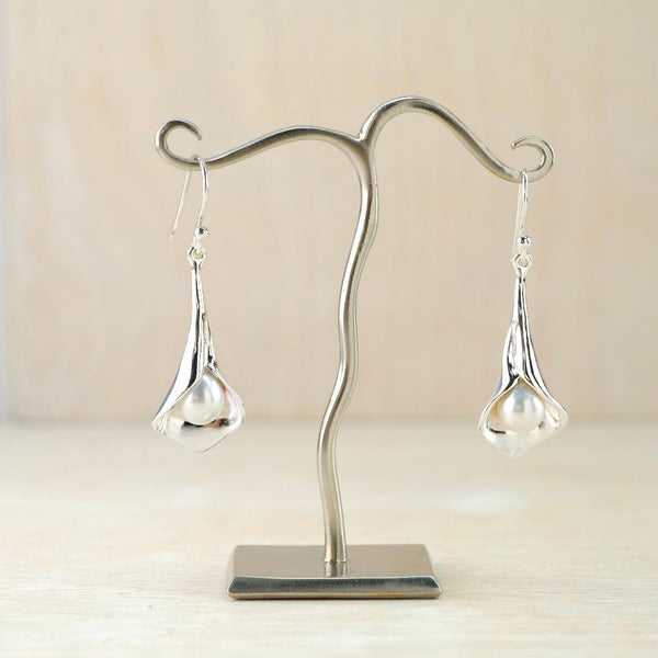 Silver and White Freshwater Pearl Lily Drop Earrings