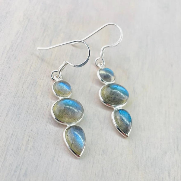 Silver And Labradorite Triple Stone Earrings