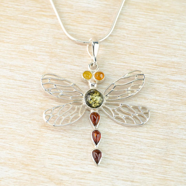 Sterling Silver Dragonfly Pendant with Three Colours of Amber.