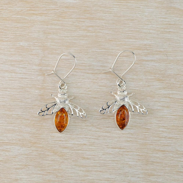 Amber and Sterling Silver Bee Design Earrings.