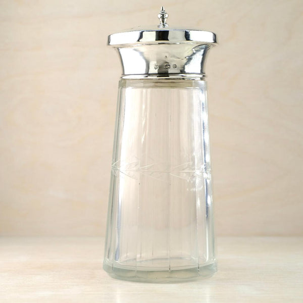 Vintage Silver Topped Glass Sugar Shaker,  Hallmarked in Birmingham, 1926.