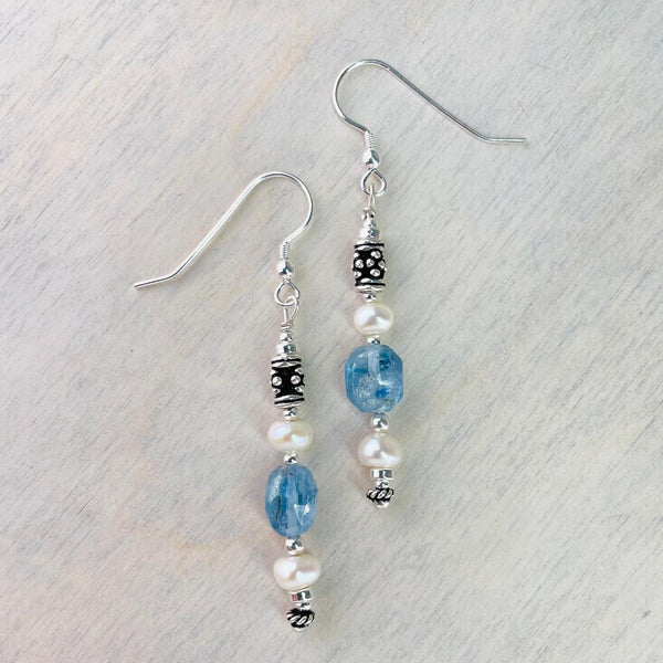 Handcrafted Silver, Kyanite and Freshwater Pearl Bead Earrings.