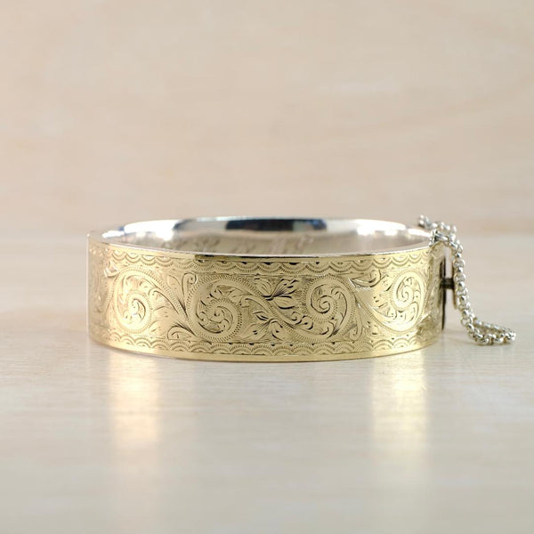 Vintage Gold on Silver Engraved Bangle Bracelet Hallmarked Birmingham 1951.