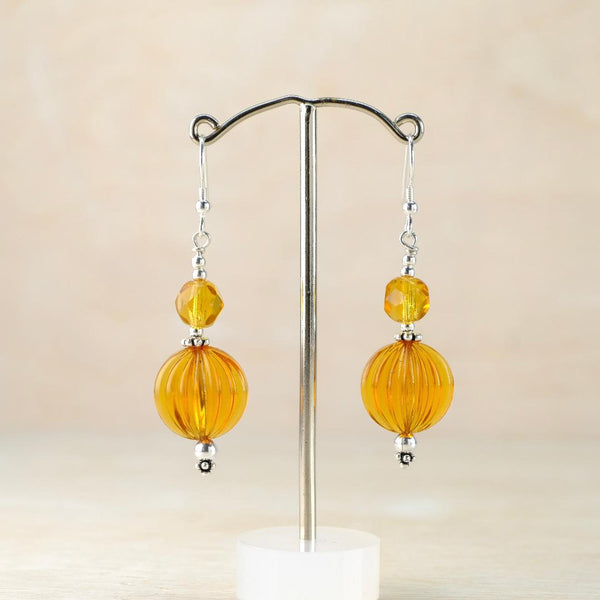 Silver and Vintage Amber Glass Bead Drop Earrings.